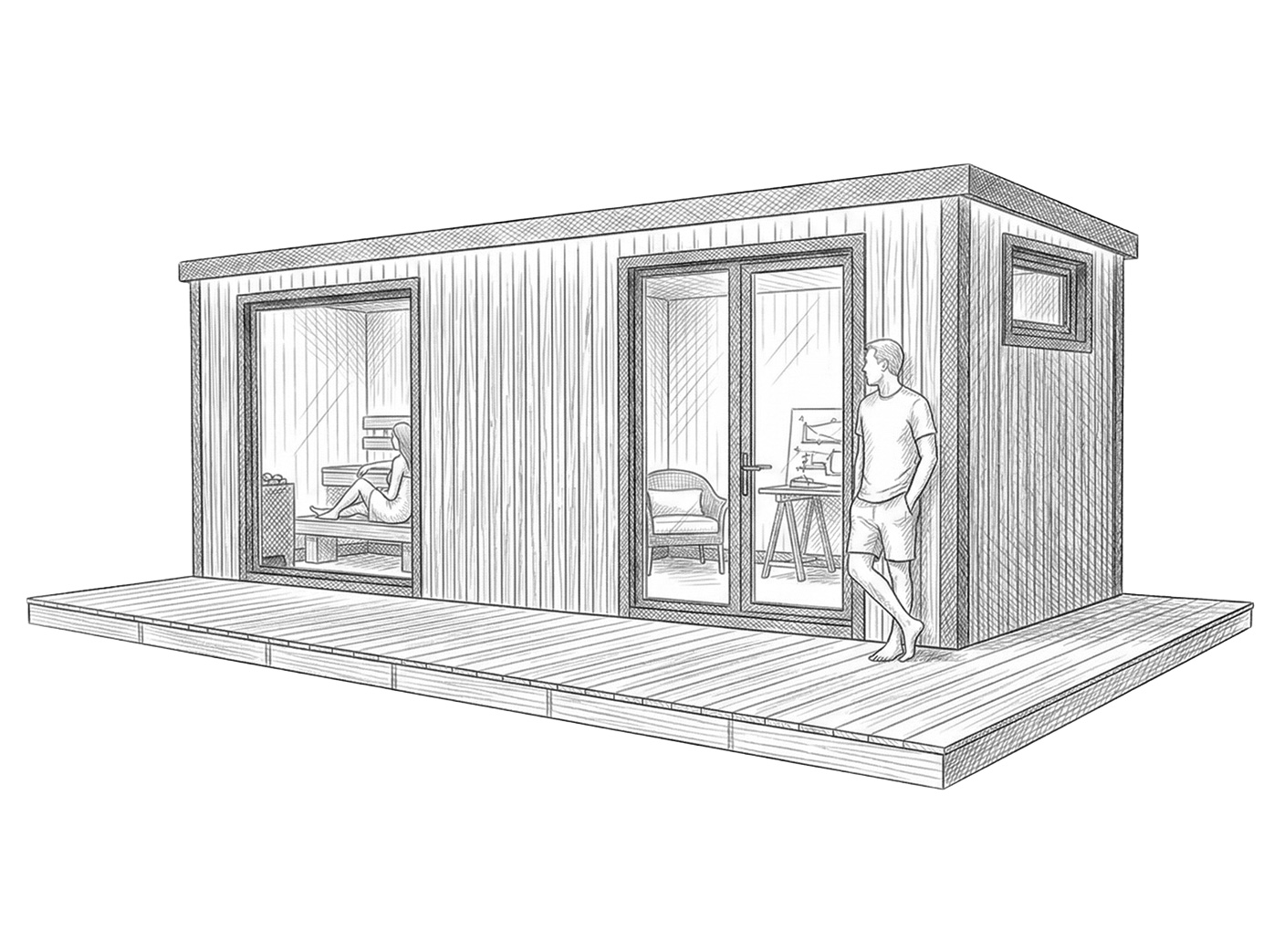 Pohľad na saunu s postavami